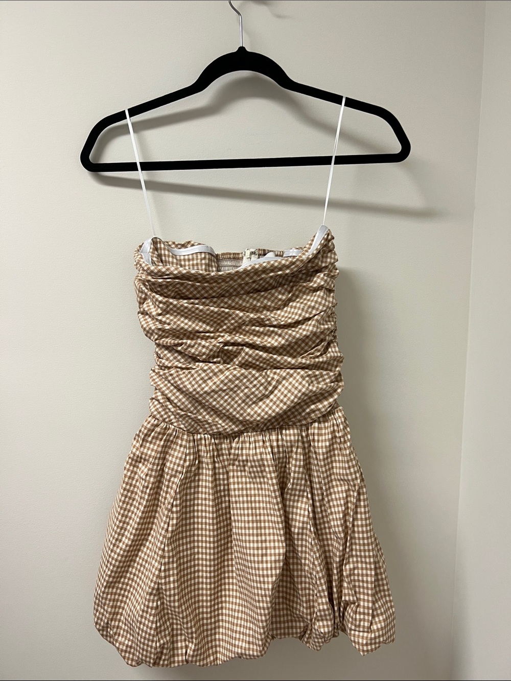 Reformation Brown Gingham Ruched Mini Dress